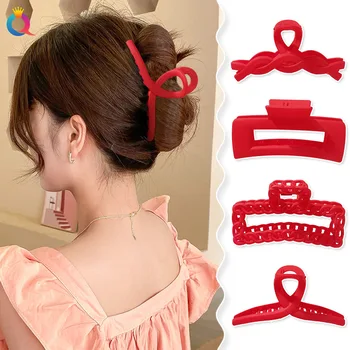Корейский акриловый красный коготь для волос для женщин, маленькие заколки в виде краба с крупной геометрией, Модные Заколки для девочек с квадратным крестом, Аксессуары для волос