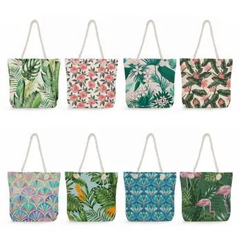 Красивые зеленые листья Фламинго, вместительные сумки через плечо для покупок, пляжная сумка на толстой веревке, женская сумка с цветочным принтом и растительным принтом
