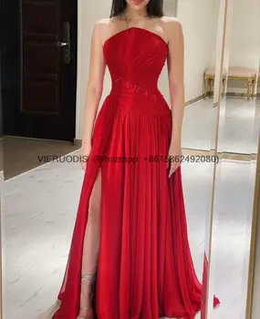 Красные шифоновые длинные платья для выпускного вечера без бретелек, плиссированные вечерние платья с разрезом по бокам, специальное вечернее платье для банкета и клуба Vestidos De Fiesta