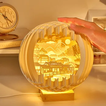 Креативная 3D Стереоскопическая Светодиодная лампа для вырезания из бумаги с деревянным основанием Мультяшная Атмосфера Прикроватная лампа Декор Искусство Ночник Подарок другу