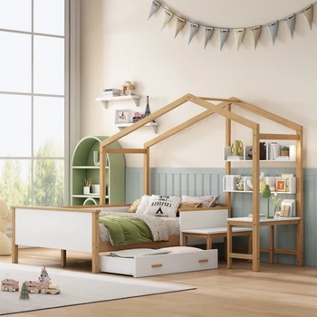 Кровать для деревянного дома в натуральную величину, каркас из белого и оригинального дерева с выдвижным ящиком, письменным столом и книжной полкой для детей или комнаты для гостей