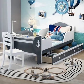 Кровать-платформа в форме лодки двойного размера с двумя выдвижными ящиками, двуспальная кровать со столом и стулом для спальни, белый + серый