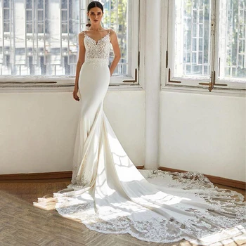 Кружевное свадебное платье-русалка на бретельках, элегантный иллюзионный лиф, аппликация без спинки, свадебные платья в стиле бохо для женщин 2023