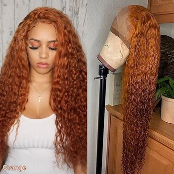 Кудрявый парик из человеческих волос - Оранжевый имбирный парик на кружеве 13x4, плотность 150, парик с застежкой