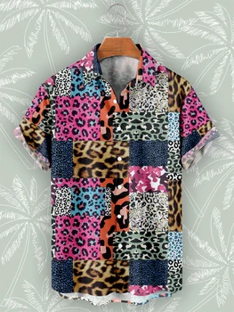 Леопардовая Гавайская пляжная рубашка в стиле пэчворк, летняя мода 2023, Уличный стиль, Рубашки оверсайз с коротким рукавом, мужские повседневные рубашки Ropa Hombre