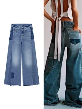 Летние женские джинсы в стиле пэчворк 2023, новые женские брюки со средней талией, украшенные карманами, уличные широкие брюки полной длины