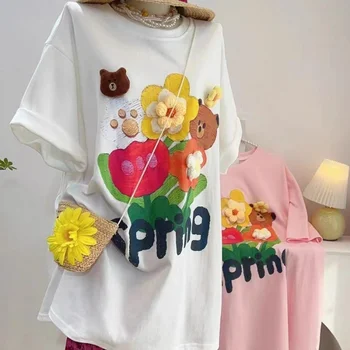 Летние Корейские модные топы с героями мультфильмов, свободная уличная одежда с круглым вырезом, футболки с принтом Маленького Медведя, стерео 3D Цветочные милые женские футболки Kawaii
