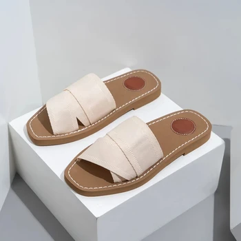 летние новые модные парусиновые сандалии и тапочки на плоской подошве 2023, дизайнерская женская обувь, пляжные женские тапочки на плоской подошве, сандалии для женщин