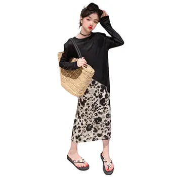 Летние подплечники для девочек, нерегулярные топы + юбка с леопардовым принтом, модная Корейская одежда, уличная одежда для девочек-подростков с длинным рукавом, две части