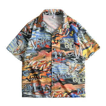 Летняя мужская пляжная рубашка с коротким рукавом, гавайские топы, дышащие мужские повседневные праздничные пуговицы, Свободный модный размер Евро
