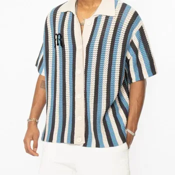 Летняя рубашка с коротким рукавом и вышивкой в американскую полоску в стиле ретро, трикотажная рубашка с квадратным вырезом в тон, подходящая по цвету