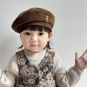 Милая зимняя шапка-берет для ребенка, винтажная однотонная шерстяная шапочка для мальчиков и девочек, Корейский Мультяшный мишка, детские кепки для художников, капор