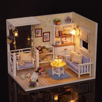 Миниатюрная Мебель Для Кукольного Домика деревянная игрушка DIY Кукольный Дом Миниатюрная Комната Милый Кошачий Домик Для Кукол Подарок На День Рождения Игрушки Для Детей