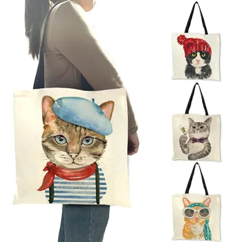 Многоразовая сумка для покупок с милым котом, женские сумки, летняя сумка-тоут 2019, дорожные школьные сумки B06034