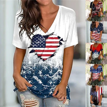 Модная женская футболка с принтом американского флага 2023 года, V-образный вырез, короткий рукав, модные спортивные футболки, уличные футболки