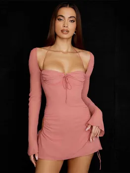Модные бандажные халаты с квадратным воротником, сексуальные вечерние клубные платья с вырезами, женское расклешенное розовое платье с длинным рукавом