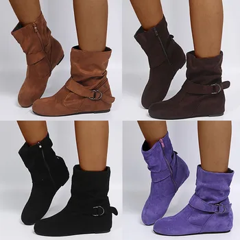Модные женские ботинки из замши и телячьей кожи, осенние ботинки на низком каблуке, ботинки на платформе British Wind, Женская обувь большого размера
