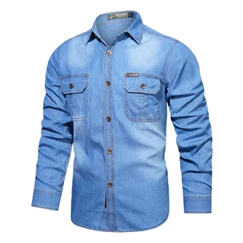 Мужская джинсовая рубашка из чистого хлопка с длинными рукавами, повседневная застиранная джинсовая рубашка, повседневная куртка, футболка оверсайз для мужчин