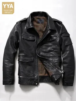 Мужская куртка из натуральной коровьей кожи, винтажное уличное пальто-карго с множеством карманов на молнии в стиле панк, мужские черные мотоциклетные короткие куртки