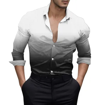 Мужская модная рубашка с градиентным цифровым 3D принтом на пуговицах с лацканами, блузка с длинным рукавом и воротником-стойкой