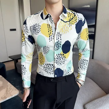Мужская рубашка с длинным рукавом в британском стиле, осенняя новая мода, винтажный принт, пуговицы, приталенная мужская социальная блузка, вечеринка в ночном клубе