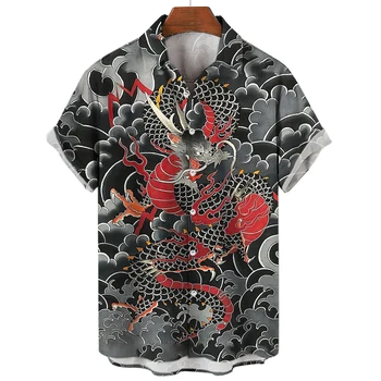 Мужская рубашка с животными, мужская одежда с 3D рисунком восточного дракона, Летний повседневный топ, футболка, Свободная рубашка оверсайз, Гавайский свитшот