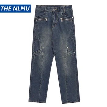 Мужские винтажные мешковатые джинсы с карманом на молнии, прямые джинсовые брюки Harajuku, уличная одежда, джинсовые брюки, мужская одежда