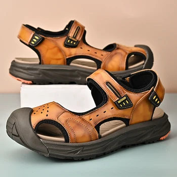 Мужские летние походные сандалии Уличные пляжные сандалии с закрытым носком Повседневная обувь из коровьей кожи Размер 45 Модные Болотные сандалии