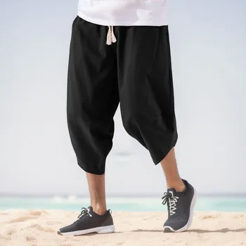 Мужские мешковатые шорты 2023, модные повседневные простые однотонные брюки от поясничной уздечки до икр, брюки длиной до икр