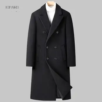 Мужские пальто из 50% шерсти, Двубортные теплые длинные шерстяные Зимние куртки для мужчин, пальто, Корейская тонкая верхняя одежда, парка
