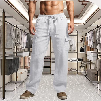 Мужские хлопчатобумажные льняные брюки, однотонные Свободные прямые брюки с эластичной резинкой на талии, летние повседневные брюки-карго с множеством карманов