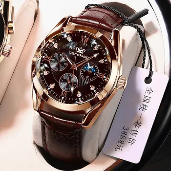 Мужские часы Kefio класса Люкс Бизнес Водонепроницаемые светящиеся кварцевые часы Спортивный кожаный ремешок Часы с датой Reloj Hombr