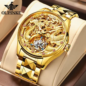 Мужские часы OUPINKE Tourbillon Dragon от роскошного швейцарского бренда Skeleton, автоматические механические наручные часы с сапфировым зеркалом, мужские часы