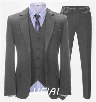 Мужской костюм Формальный в елочку, серый комплект из 3 предметов Для деловой встречи в Офисе на заказ (блейзер + жилет + брюки)