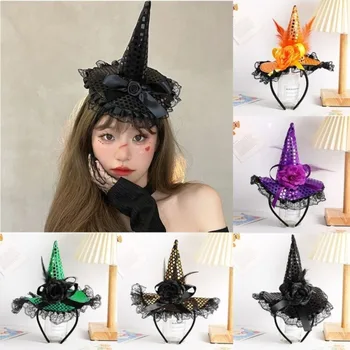 Мультяшная Шляпа Ведьмы, Новые Украшения для вечеринки, кружевная повязка с блестками, тканевый обруч для волос на Хэллоуин