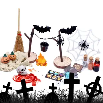 Набор для кукольного домика на Хэллоуин, 27 предметов, тыквенные черепа, головы, фигурка летучей мыши, набор игрушек ужасов, многоразовый мини-кукольный домик на тему Хэллоуина