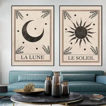 Набор из 2 художественных плакатов Таро и принтов Луна Солнце Холст Картина Небесная стена Бохо Арт для домашнего декора гостиной