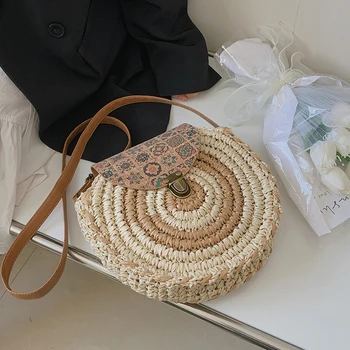 Новая круглая соломенная сумка, Милая сумка из ротанга, ручная вязка, маленькая сумка для мамы ярких цветов, женская тканая пляжная сумка через плечо для дам