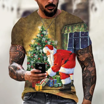 Новая рождественская футболка для мужчин, уличный праздничный топ с 3D принтом Санта-Клауса, короткий рукав, мужская футболка, рождественская одежда