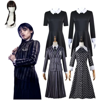 Новейший американский сериал 2023 года Wednesday Addams Косплей Костюм Nevermore JK Школьная форма Платье-парик Взрослый мужчина Женщина праздничный костюм
