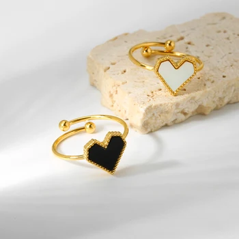 Новое 18-каратное позолоченное кольцо из нержавеющей стали с черно-белым сердечком в виде ракушки для женщин и девочек, Изысканное кольцо-шарм, Водонепроницаемое ювелирное изделие, подарок