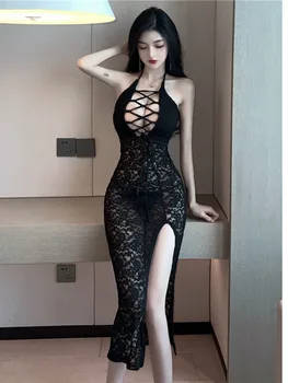 Новое летнее женское платье 2023 Sexy Spicy Girl с кружевной полой прозрачной висячей шеей, искушение С высоким разрезом, Черное платье средней длины 663B