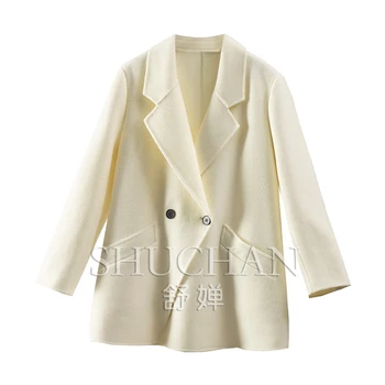 Новое шерстяное пальто Casaco Feminino Inverno 2023, женское осенне-зимнее офисное женское пальто с отложным воротником, двубортное с широкой талией