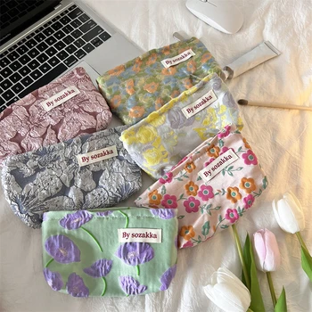 Новые Корейские женские сумки для макияжа с цветочным рисунком, косметичка-органайзер, дорожная косметичка для туалетных принадлежностей, холщовый кейс для красоты, пенал