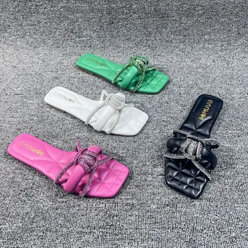 Новые сексуальные женские тапочки на высоком каблуке, со стразами, без застежки, из искусственной кожи, модельные туфли в Корейском стиле, Женские современные сандалии, Розово-красный, Зеленый