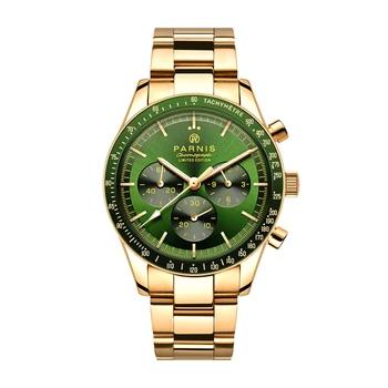 Новый Parnis 40 мм Зеленый Золотой Кварцевый Хронограф Мужские Часы Из Нержавеющей Стали Спортивные Роскошные Часы Для Мужчин reloj hombre Часы Подарок