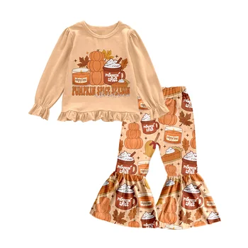 Новый комплект одежды для девочек на Хэллоуин с тыквенными специями, с длинным рукавом, с призрачным расклешенным низом, наряды