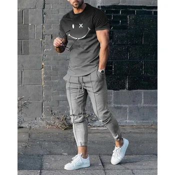 Новый летний мужской комплект с футболкой, спортивный костюм с коротким рукавом, повседневный комплект из 2 предметов с 3D принтом в виде улыбающегося лица, модный уличный костюм