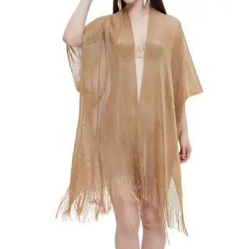 Однотонная женская шаль с коротким рукавом, открытая спереди, с кисточками, солнцезащитный крем, накидка, летнее бикини, накидка, пляжная одежда