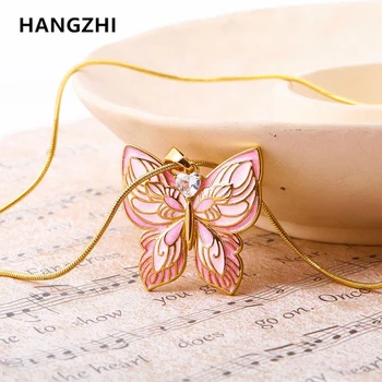 Ожерелье HangZhi Pink Butterfly Oil Drop из нержавеющей стали, Элегантная Винтажная подвеска с эмалью Y2K, ювелирные изделия для женщин и девочек, Новинка 2023 года